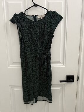 LOFT Dark Green Polka Dot Tie-Waist Midi Dress